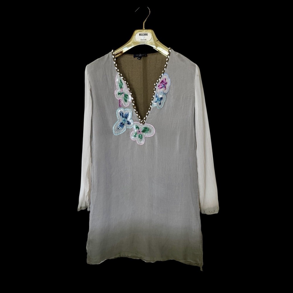 Etro Floral Embroidered Midi Length Silk Dress Sz 46 Distressed